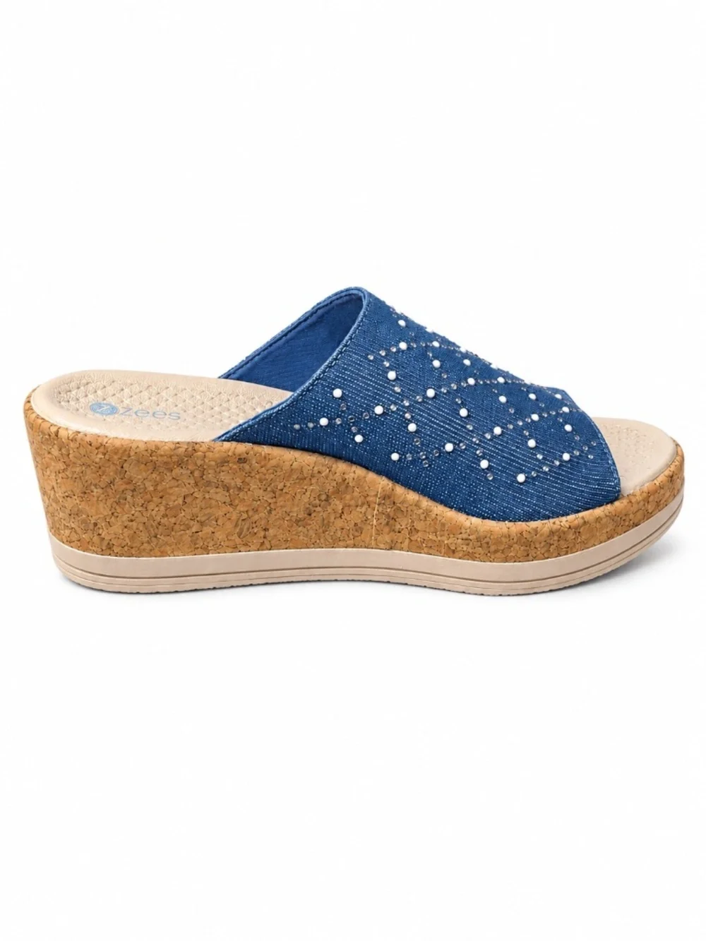 Bzees Blue Embellished Cork-Style Wedge Slide Sandals Size 6.5M
